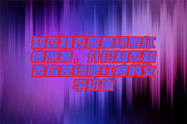 知否知否應(yīng)是綠肥紅瘦原著，介紹知否知否應(yīng)是綠肥紅瘦的文學(xué)價值